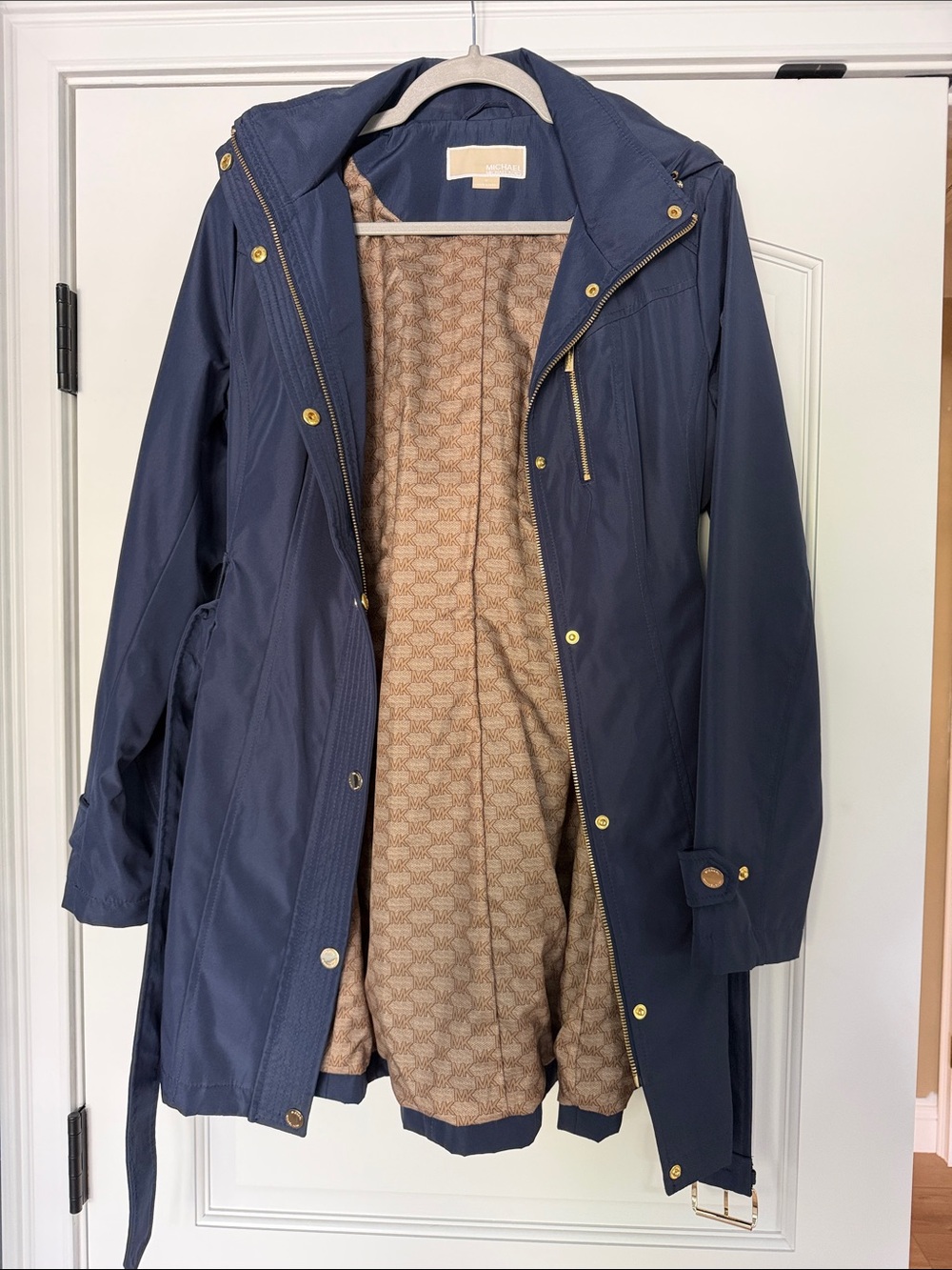 Michael Kors Navy Trench Coat with Gold-Tone Accents